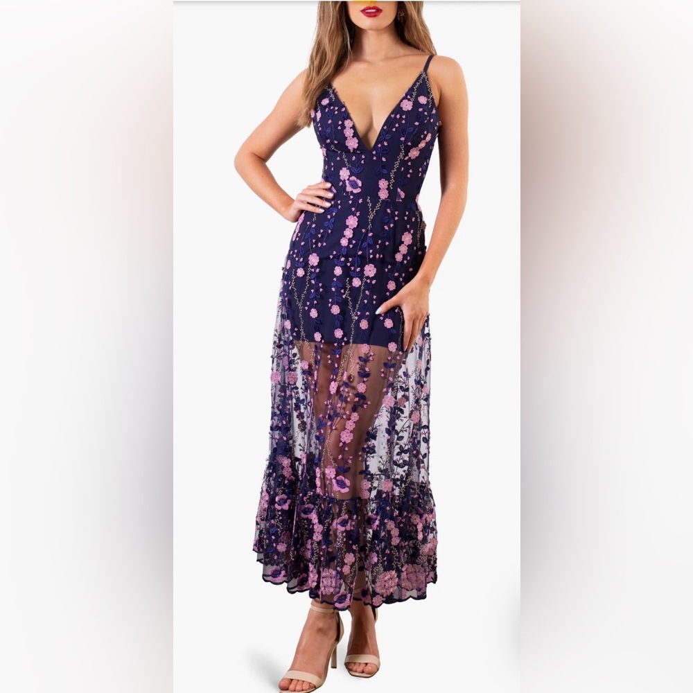 HELSI- Vanessa Floral Embroidered Sheer Overlay Dress